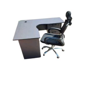 l-shaped desk and headrest chair